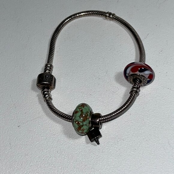 Authentic Pandora Ale Sterling Silver Snake Bracelet w/ Italy Murano Glass Charm - Picture 3 of 13